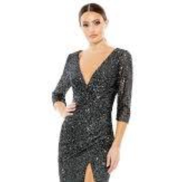 IEENA Mac Duggal black sequin v neckline faux wrap cocktail gown dress size 10 - Picture 3 of 7